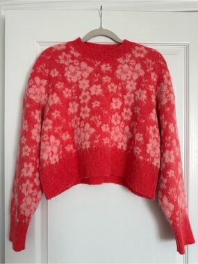 Zara Red Crewneck Sweater with Pale Pink Floral Motif